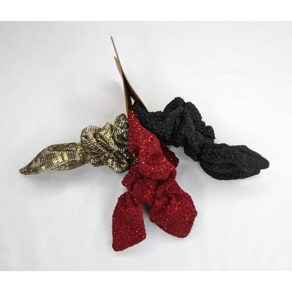Festive Holiday Scrunchie Set Red, Gold & Black Ponytail Bows - Picture 3 of 5